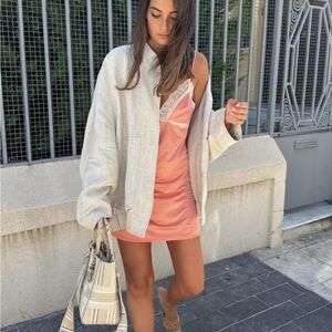 ZARA Linen Blend Bomber Jacket w/ Pockets Light Beige S/M Oversized Bloggers Fav